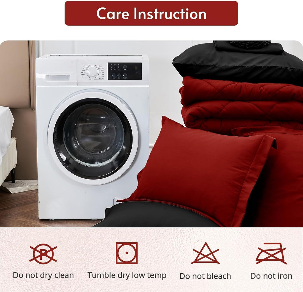 7-Piece Queen Comforter Set – Reversible Red & Black, All Season Bed in a Bag