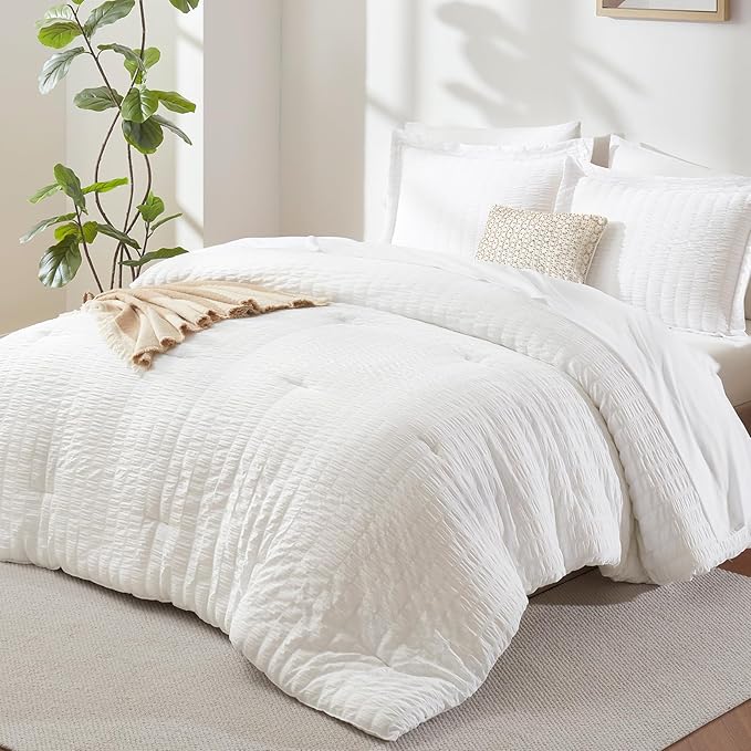 7-Piece White Seersucker Queen Comforter Set – Bed in a Bag, Down Alternative, All Season Bedding
