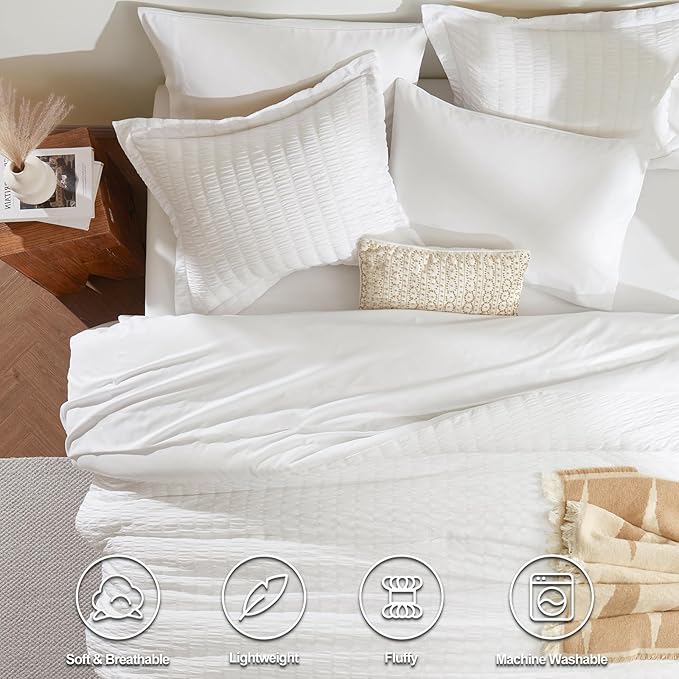 7-Piece White Seersucker Queen Comforter Set – Bed in a Bag, Down Alternative, All Season Bedding