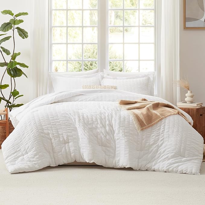 7-Piece White Seersucker Queen Comforter Set – Bed in a Bag, Down Alternative, All Season Bedding
