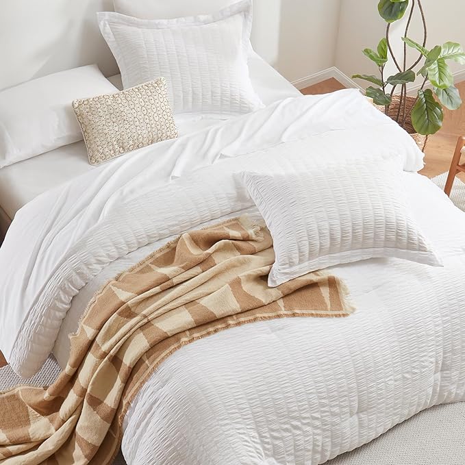 7-Piece White Seersucker Queen Comforter Set – Bed in a Bag, Down Alternative, All Season Bedding