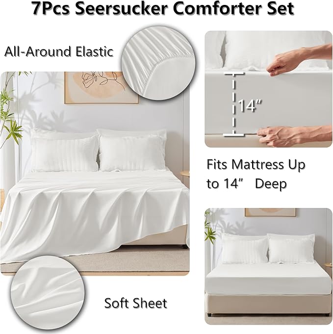 7-Piece White Seersucker Queen Comforter Set – Bed in a Bag, Down Alternative, All Season Bedding