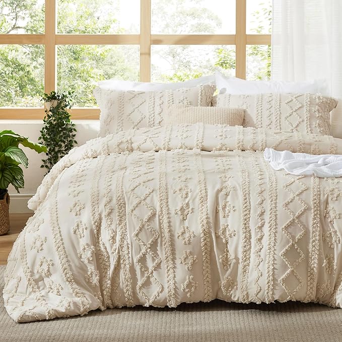 3-Piece Beige Boho Queen Comforter Set – Tufted Jacquard, Farmhouse Embroidery, All Season Bedding