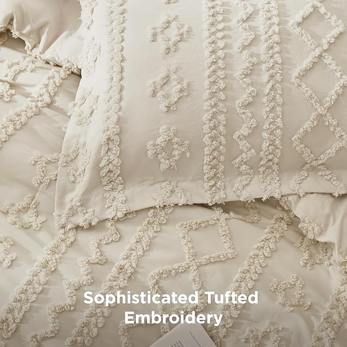 3-Piece Beige Boho Queen Comforter Set – Tufted Jacquard, Farmhouse Embroidery, All Season Bedding