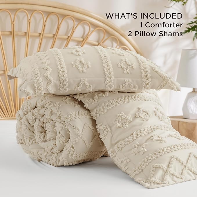 3-Piece Beige Boho Queen Comforter Set – Tufted Jacquard, Farmhouse Embroidery, All Season Bedding