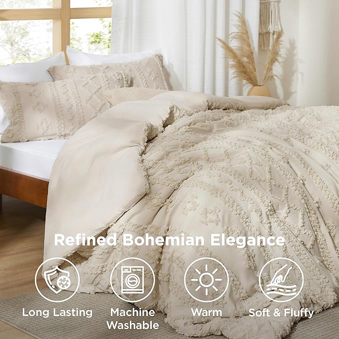 3-Piece Beige Boho Queen Comforter Set – Tufted Jacquard, Farmhouse Embroidery, All Season Bedding