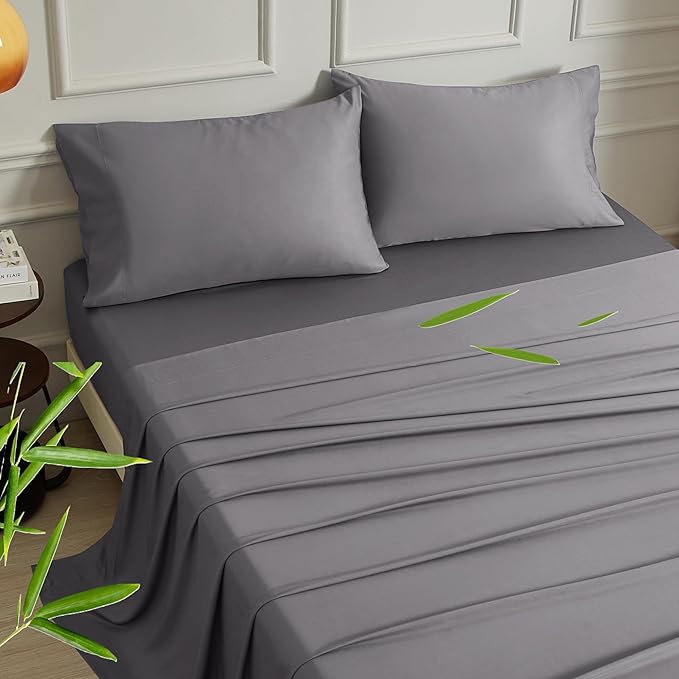 Queen Sheet Set – 100% Bamboo Viscose, Cooling, 16" Deep Pocket, Silver Grey