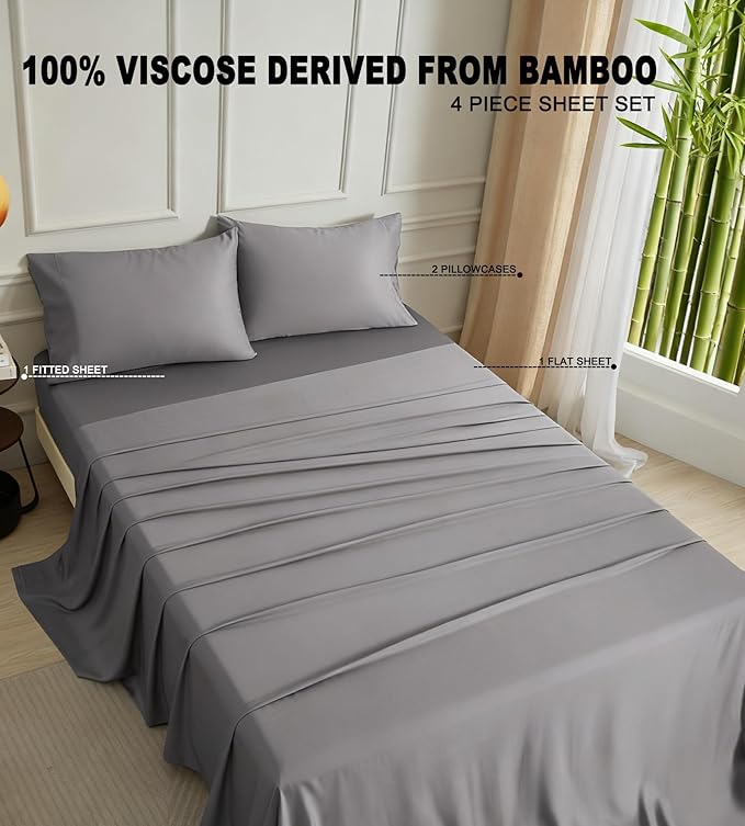 Queen Sheet Set – 100% Bamboo Viscose, Cooling, 16" Deep Pocket, Silver Grey