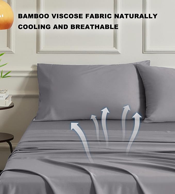 Queen Sheet Set – 100% Bamboo Viscose, Cooling, 16" Deep Pocket, Silver Grey