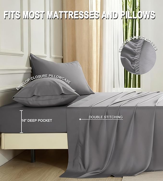Queen Sheet Set – 100% Bamboo Viscose, Cooling, 16" Deep Pocket, Silver Grey