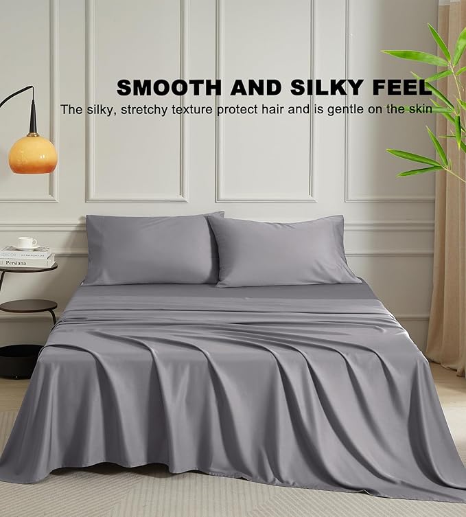 Queen Sheet Set – 100% Bamboo Viscose, Cooling, 16" Deep Pocket, Silver Grey
