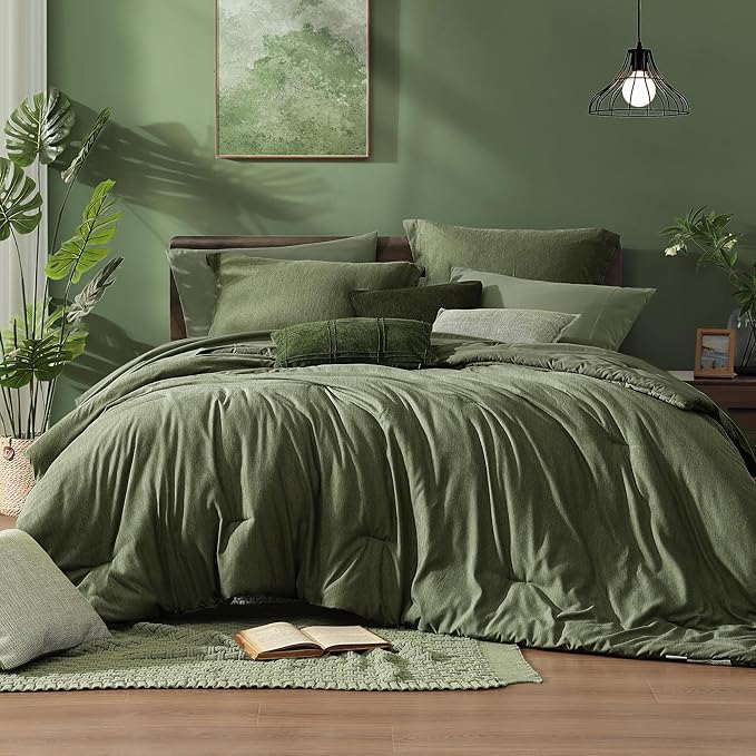 7-Piece Olive Green Queen Comforter Set – Reversible Cationic Dyed Bed in a Bag, All Season Bedding