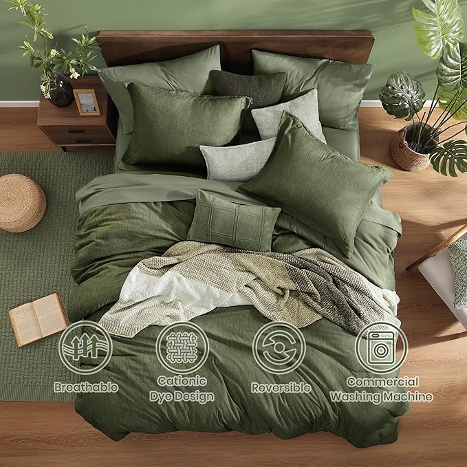7-Piece Olive Green Queen Comforter Set – Reversible Cationic Dyed Bed in a Bag, All Season Bedding