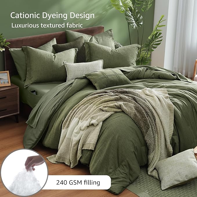 7-Piece Olive Green Queen Comforter Set – Reversible Cationic Dyed Bed in a Bag, All Season Bedding