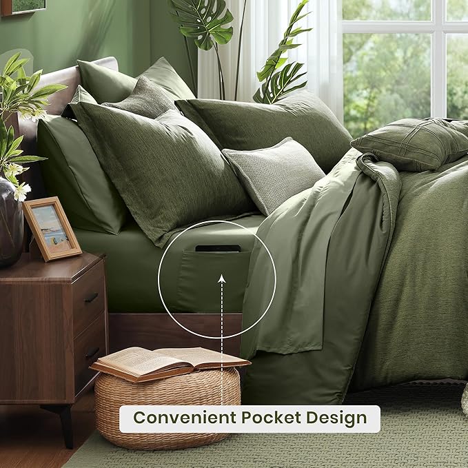 7-Piece Olive Green Queen Comforter Set – Reversible Cationic Dyed Bed in a Bag, All Season Bedding
