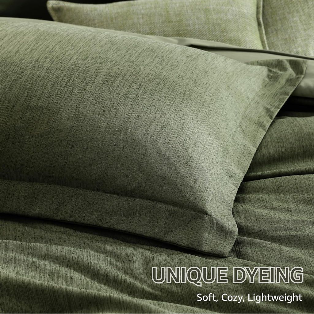 7-Piece Olive Green Queen Comforter Set – Reversible Cationic Dyed Bed in a Bag, All Season Bedding
