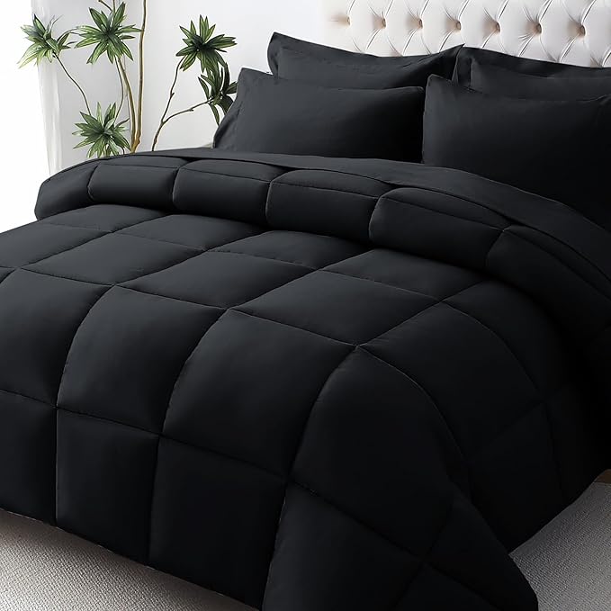 7-Piece Black Queen Comforter Set – Oeko-TEX Certified, Down Alternative, Bed in a Bag