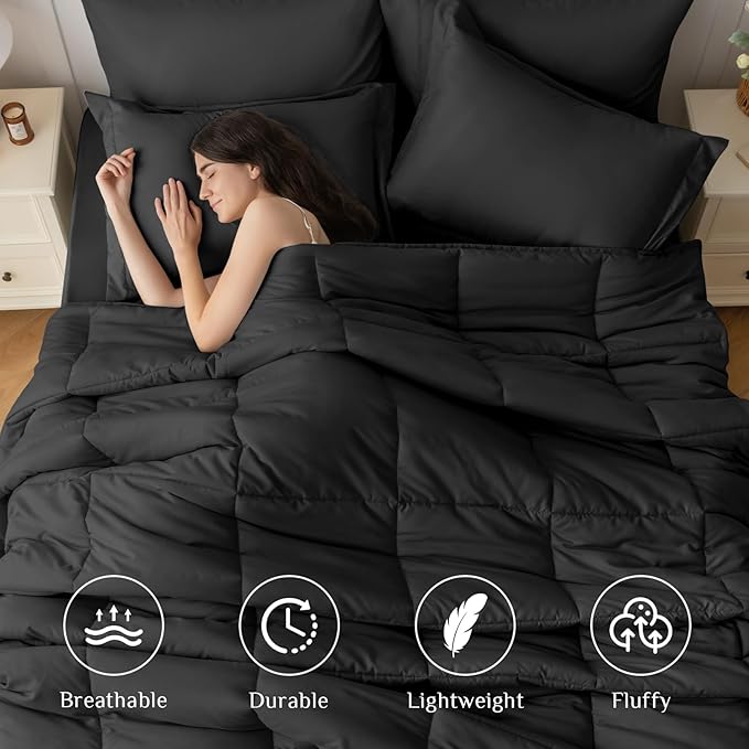 7-Piece Black Queen Comforter Set – Oeko-TEX Certified, Down Alternative, Bed in a Bag
