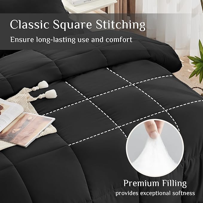 7-Piece Black Queen Comforter Set – Oeko-TEX Certified, Down Alternative, Bed in a Bag
