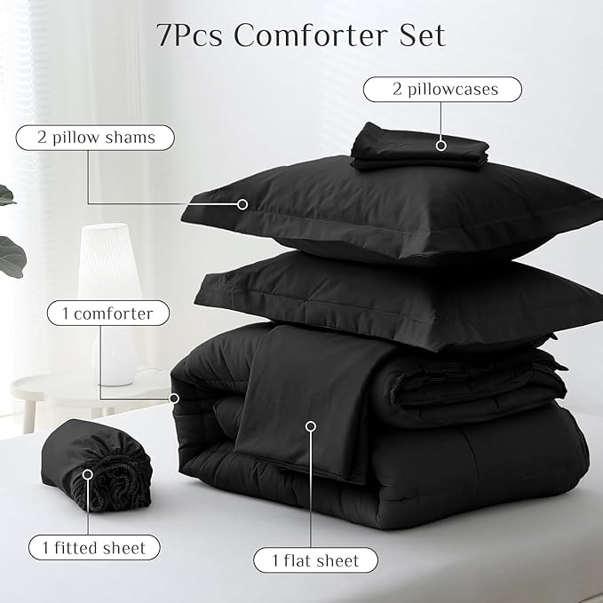 7-Piece Black Queen Comforter Set – Oeko-TEX Certified, Down Alternative, Bed in a Bag